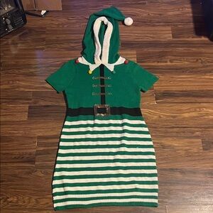 No Boundaries Green and White Striped Elf Dress